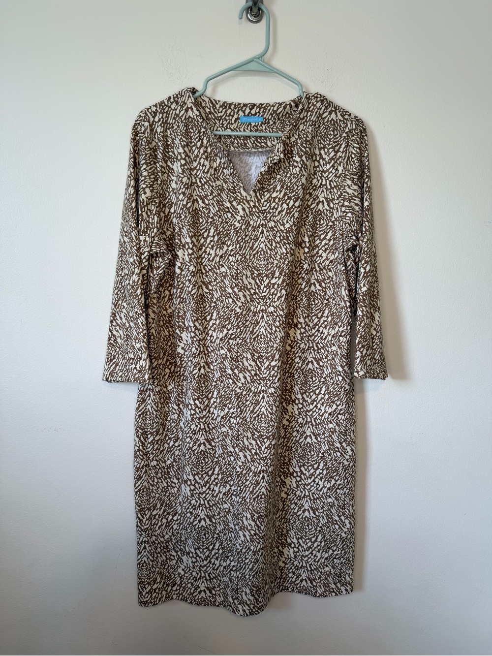 J. McLaughlin Brown & White Patterned V-Neck 3/4 Sleeve Dress XL